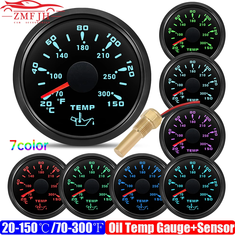 Car Boat Yacht 52mm Oil Temperature Gauge with Sensor 7 Color Light 20~150℃,70~300℉ Oil Temp Meter Indicator Waterproof Custom