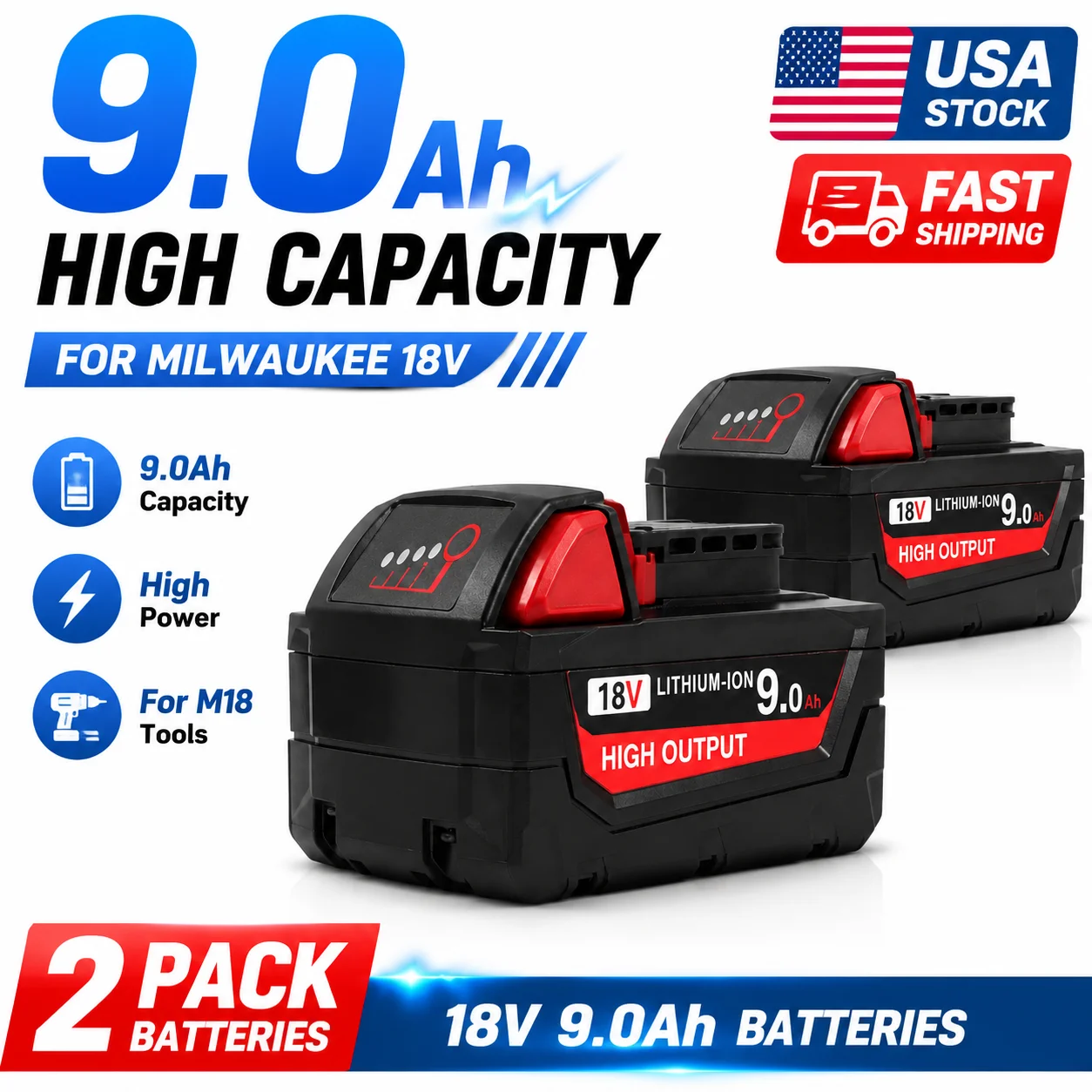 

2Pack 9.0Ah Battery For Milwaukee M18 18V Replacement 48-11-1890 48-11-1850 Lithium Ion Power Tool（24-hour shipping）