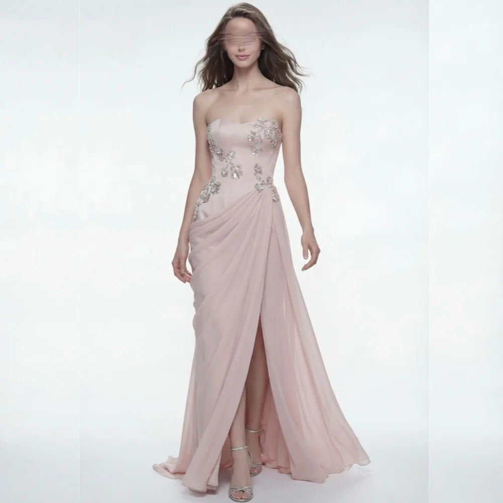 

Customized Exquisite Evening Gowns Glitter Applique Sleeveless Pleat Long Dresses Wedding Party Dress Modern Style