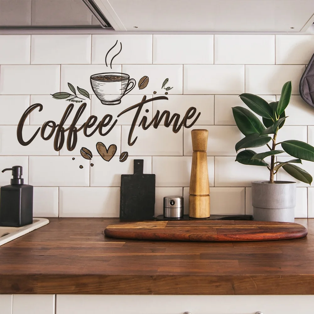 1PCS Painted English Slogan Coffee Time Coffee Cup Home Background Wall Decoration Wall Paste Self-adhesive