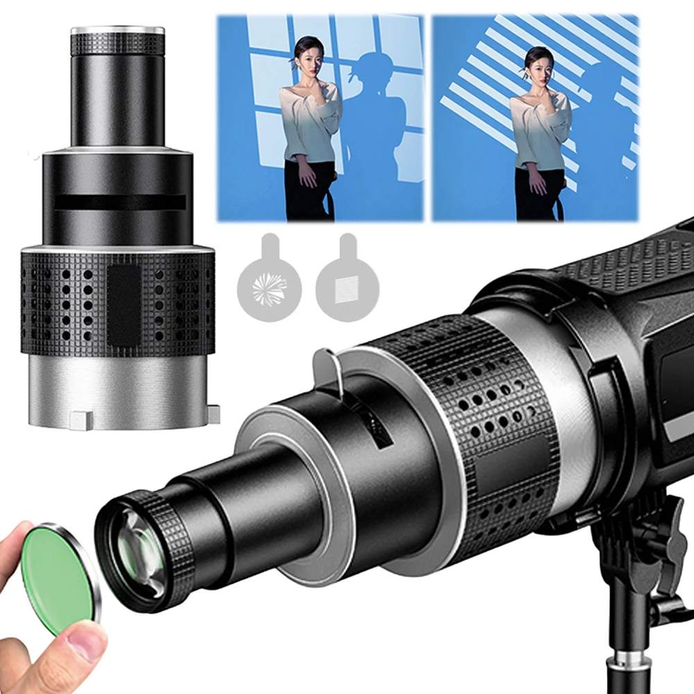 

Bowens Mount Flash Snoot Conical Lens with 5 Color Filters & 5/25/34 Gobos Studio Light Kit Spotlight Conical Optical Snoot Kit