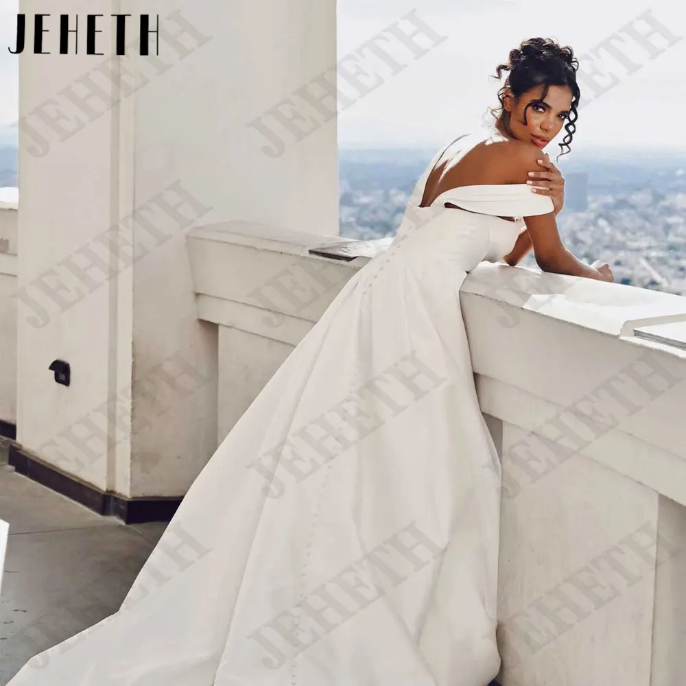 JEHETH Off Shoulder A-Line Satin Bride Dresses Backless Short Sleeves Wedding Gowns Back Buttons Custom Made فستان حفلات الزفاف