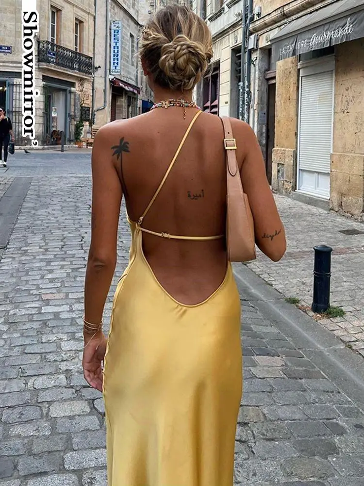 Showmirror Elegant Satin Draped Slit Maxi Dress for Women Sexy Sleeveless Backless Robe Slip Long Dress Party Club Clothes