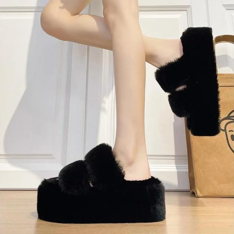 New Fashion Fluffy Slippers Women Winter Warm Shoes Lady Flat Platform Slipper High Quality Thick Sole Furry Faux Fur Slides