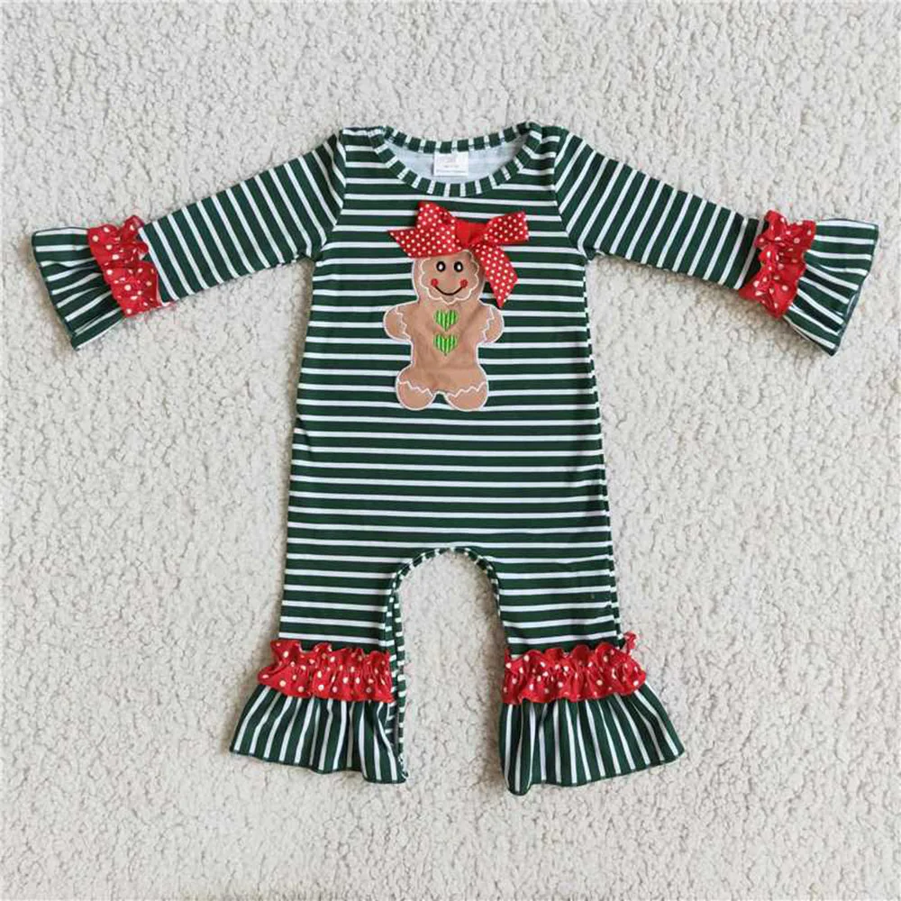 

6 C10-6 Wholesale rts Toddler girls Newborn Christmas Infant Children Green Snap Embroidery Jumpsuit Baby Boy Striped Romper