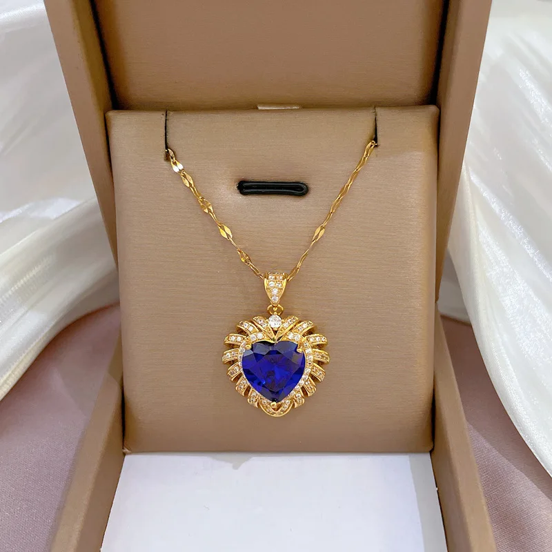 OIMG 316L Stainless Steel Gold Plated New Korean Fashion Zircon Crystal Heart Geometric Pendant Necklace For Women Girls Jewelry