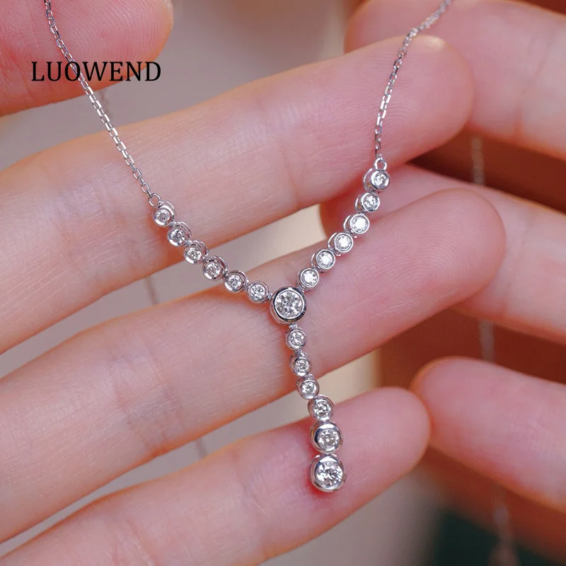 LUOWEND 100% 18K White Gold Necklace Fashion Y-Shape Design 0.50carat Real Natural Diamond Pendant Necklace High Women's Jewelry