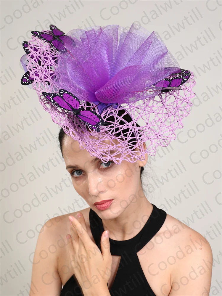 Fashion Butterfly Fascinators For Women Hat Elegant Wedding Headwear Ladies Race Party Big Pillbox Cap Derby Bride Headpiece