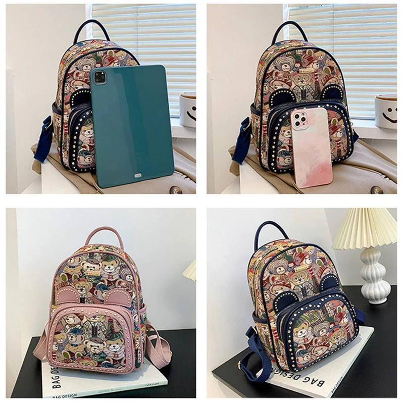 BellaViso Lovely Spring Women's Backpacks Fashion Canvas Printed Cute Cartoon Small Bear Travel Outdoor Students' Bags BLBP-65