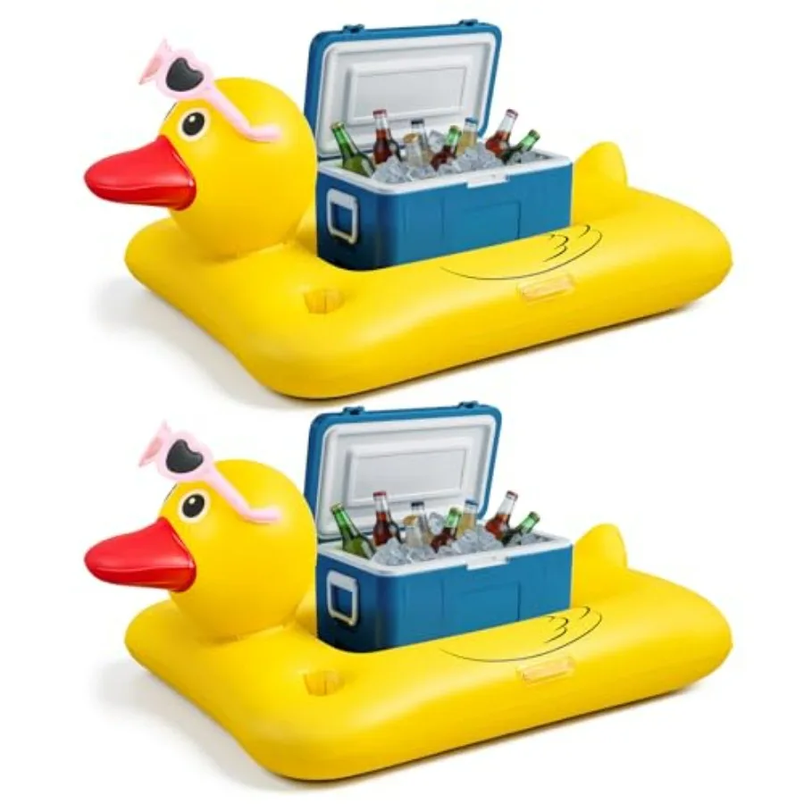 Pool and lake use inflatable duck-shaped floating drink cooler set, PVC material, yellow with white details, holds 25-45 qt coo