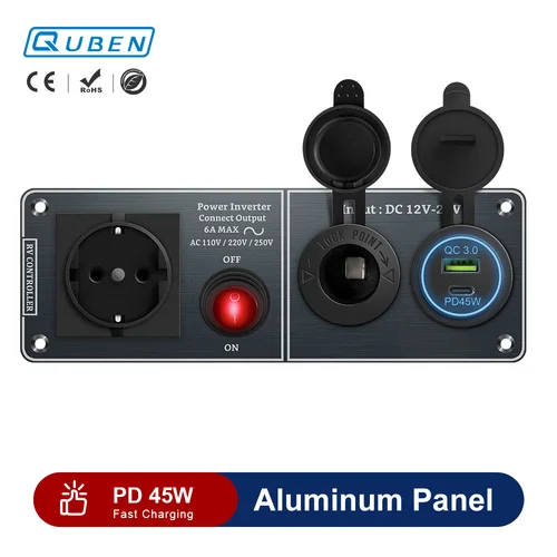 Cargador de coche multifunción Panel de aluminio inversor AC110V 220V puerto dual USB QC3.0 12V 24V para remolques de viaje de yates RV