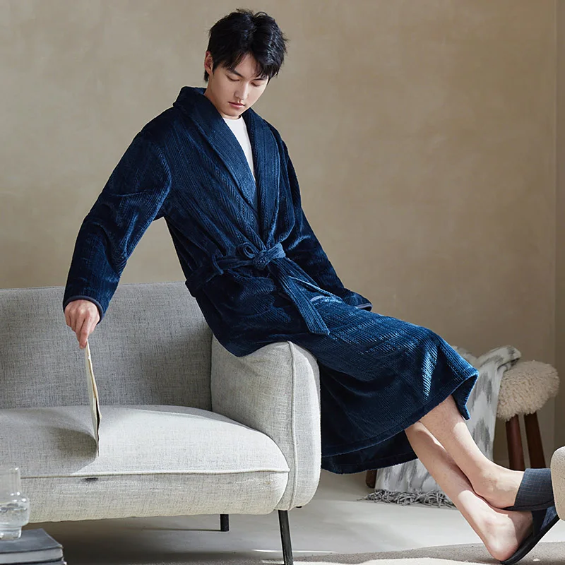 

Winter Flannel Men Home Sleepwear Robes Thicken Terry Robe Male Long Sleeve Kimono Warm Bathrobes Home Wear Peignoir Men Robe