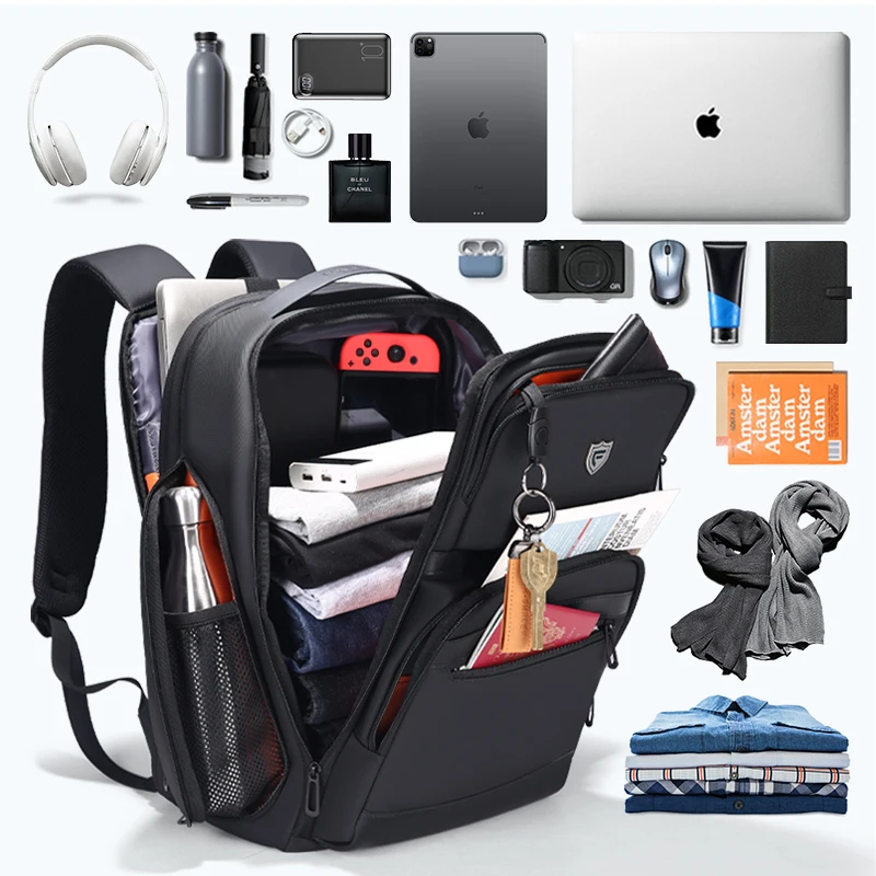 Fenruien Men 36L Business Backpack USB Waterproof Multi Pocket Backpacks Fit 17.3 Inch Laptop