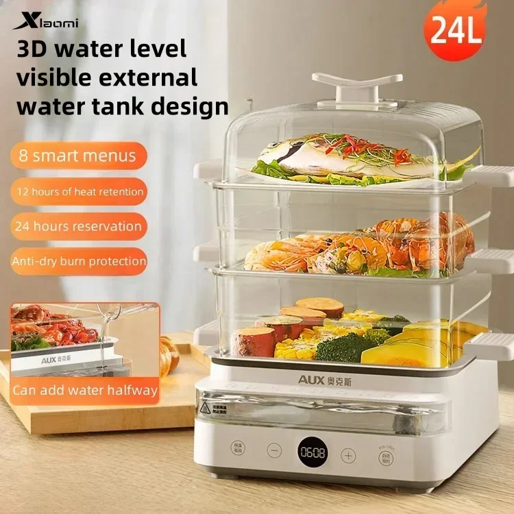 

Household electric steamer. Multi-function all-in-one. Three-layer stainless steel. Large-capacity. Breakfast machine.