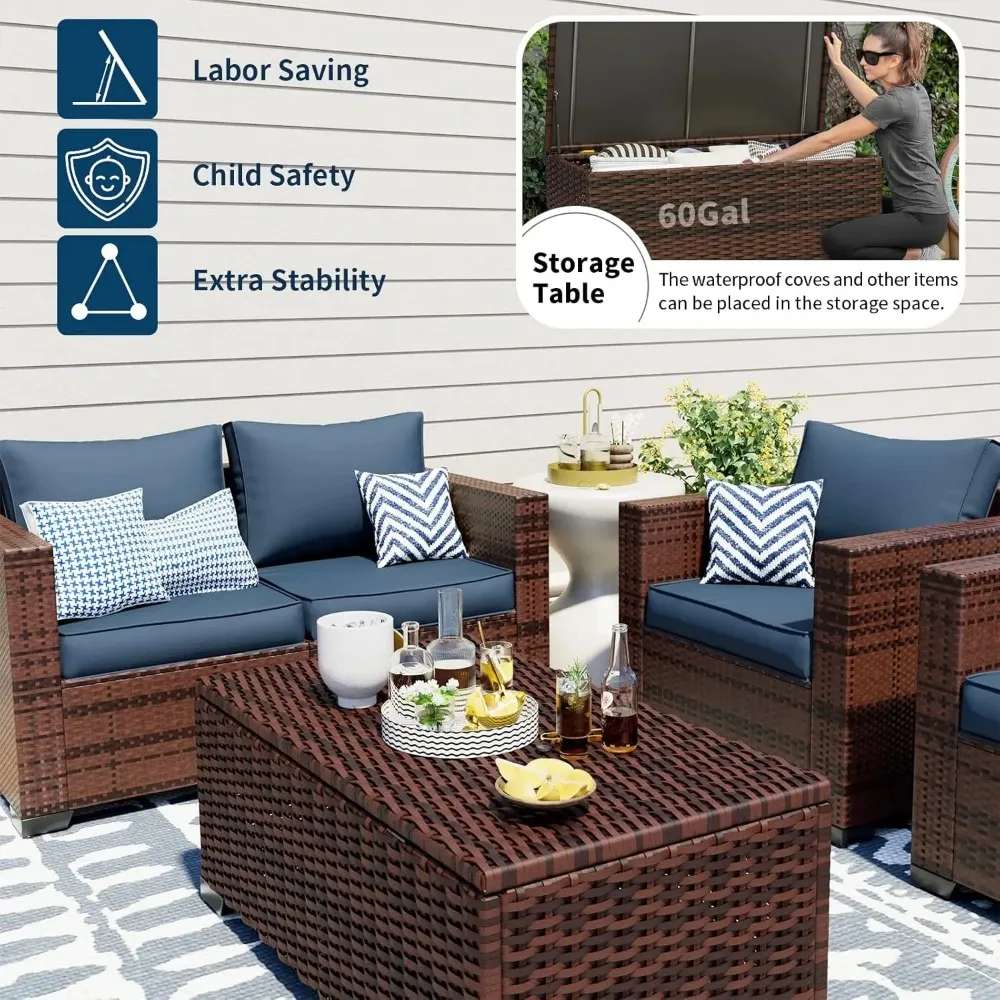 5 Piece Outdoor Furniture Set, Oversized Armrest Patio Furniture Sets w/Storage Table No-Slip Cushions Furniture Covers