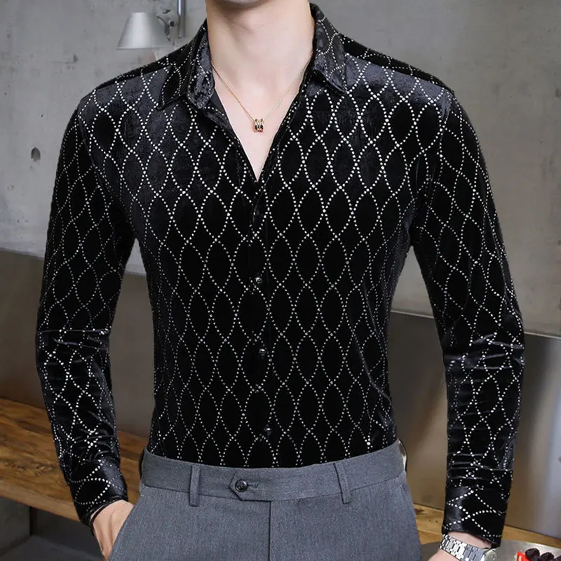 2023 Fall British Men Gold Velvet Hollow Long Sleeve Shirt Slim Shirt Dark Green Camisa Social Masculina Men Dress Shirt