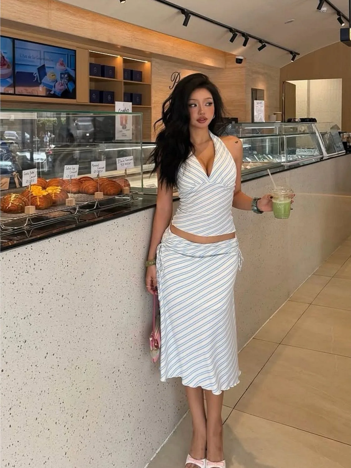 Deep V Backless Striped Pure Desire Hot Girl Style Half Skirt Set with Drawstring Regular Fit Two Piece Women's Korean Fashion