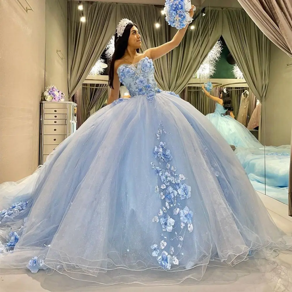 ANGELSBRIDEP-Céu Azul Querida vestido de baile, Vestidos Quinceanera, Flores 3D Apliques, 2023