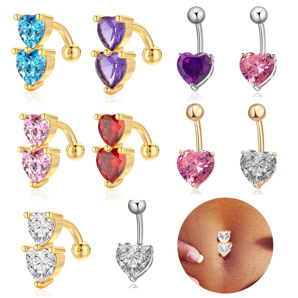 Two Hearts Curved Barbell Piercing Navel Surgical Steel Belly Button Rings Reverse Belly Piercing Nombril Ombligo Women 14g*10mm