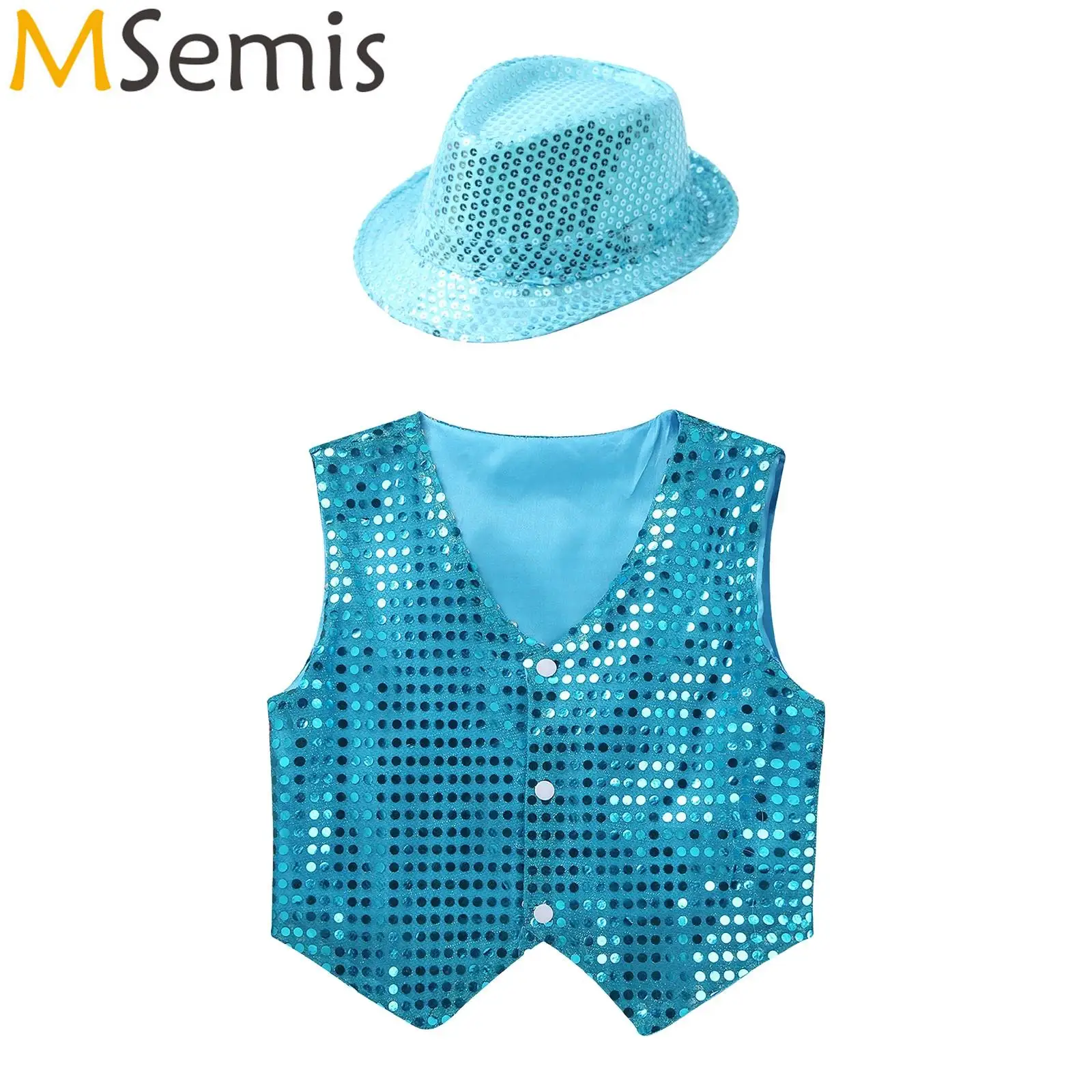 

Kids Boys Jazz Hip Hop Dance Performance Costume Choir Vest Glittery Sequined Waistcoat with Hat Jazz Dance Stage Performance