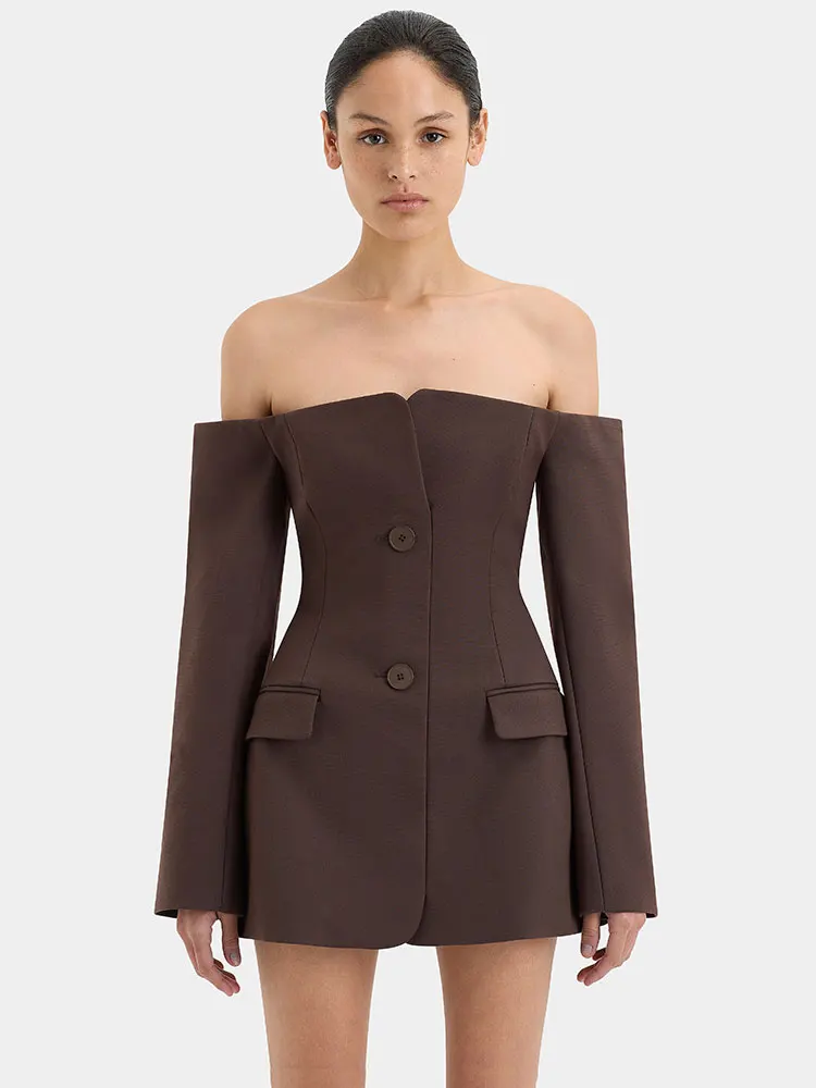 GACVGA Off-shoulder Strapless Sexy Blazer Dress For Women 2024 Autumn Fashion Back Zipper Long Sleeve Club Party Mini Dress