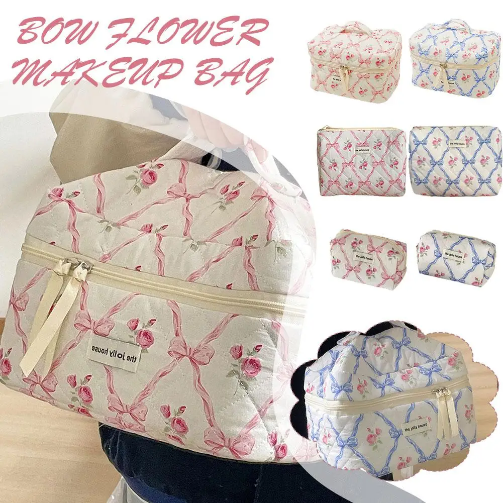 Cute Bow Flower Cloth Handbag Quilting Cotton Makeup Bag Women Zipper Cosmetic Organizer custodia da toilette portatile per ragazze