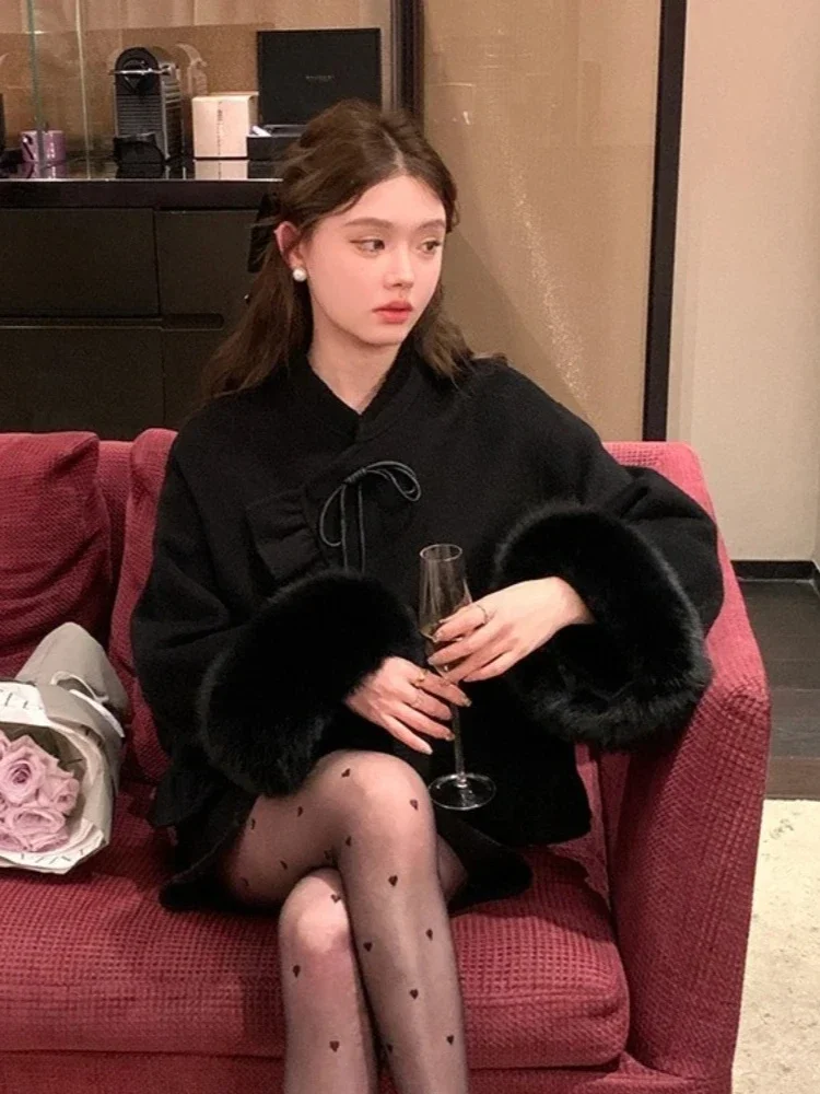 Frauen Kurze Echt Fox Pelz Woolen Blends Jacke Neue Herbst Winter Top Kleidung Dicke Warme Pelz Kaschmir Wolle Mantel Weibliche