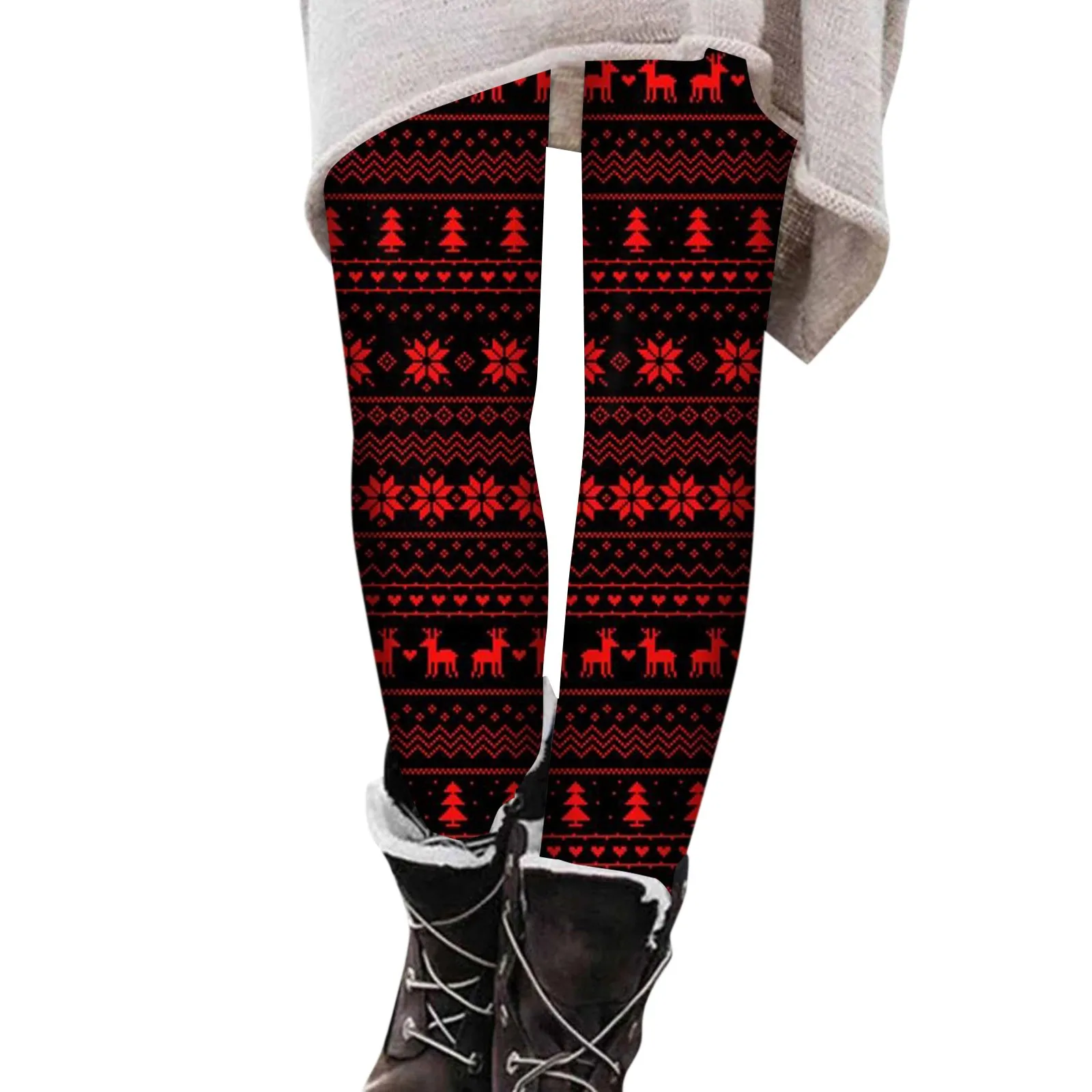 Lady Xmas Christmas Holiday Printed Santa Leggings Female White Snow Elk Deer Patten Striped Pants Slim Fitted Pencil Leggings