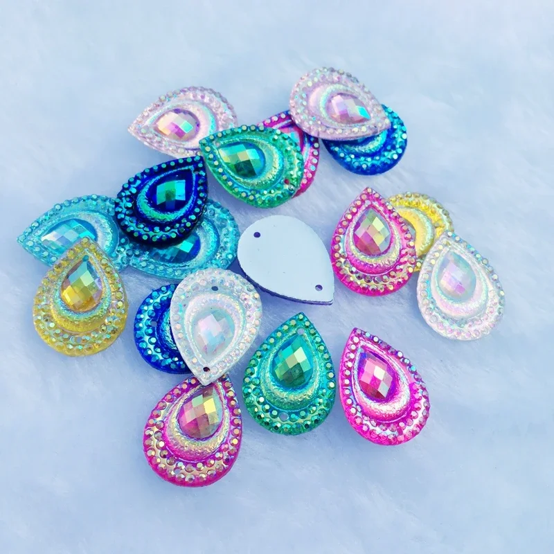 DIY 40pcs AB resin peacock eye drop shaped rhinestone wedding decoration 2 hole resin drill -B25