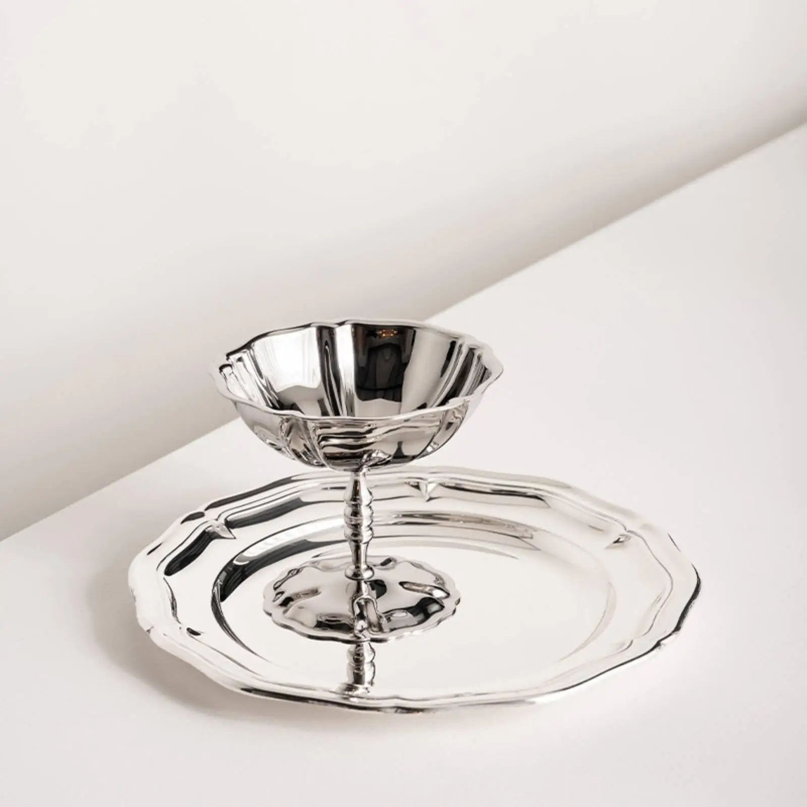 Shallow Stainless Steel Dessert Bowl Fluted Edge Footed Base for Cupcake Holder and Party Dessert Table