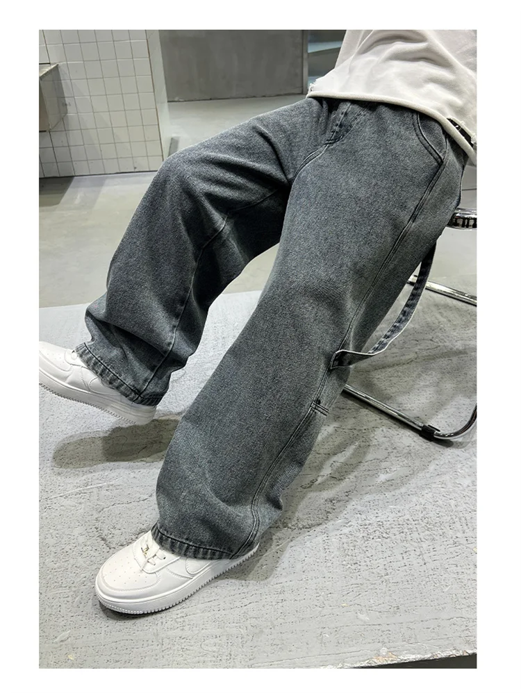 Graue Vintage-Jeans mit Tasche für Jungen, modische High-Street-Denim-Hose, lässige gerade Jeanshose für Teenager. – Detail 8