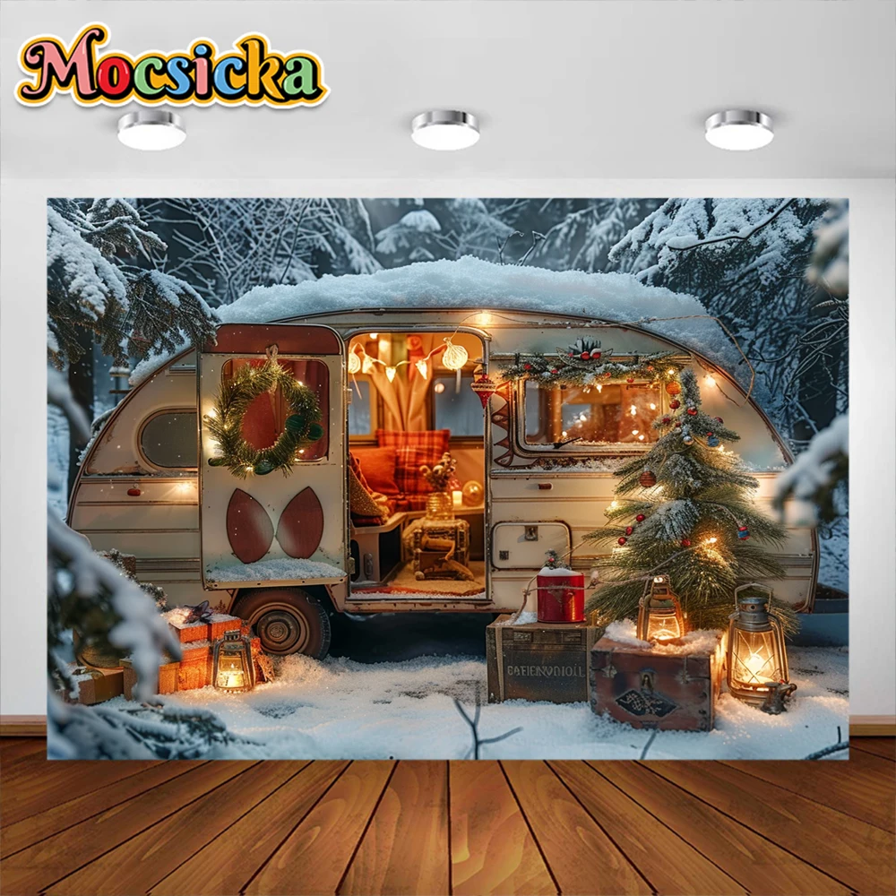 Winter Christmas Car Photography Background Camping Forest Xmas Trees Kids Family Portrait Decor Backdrop Photo Studio Props