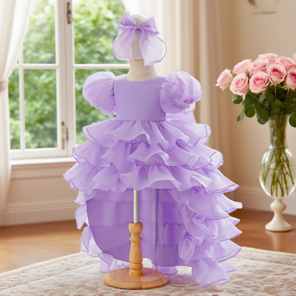 

Sweet multi-layer cake dress with bubble sleeves elegant design for young girls Flower dress suitable for summer parties