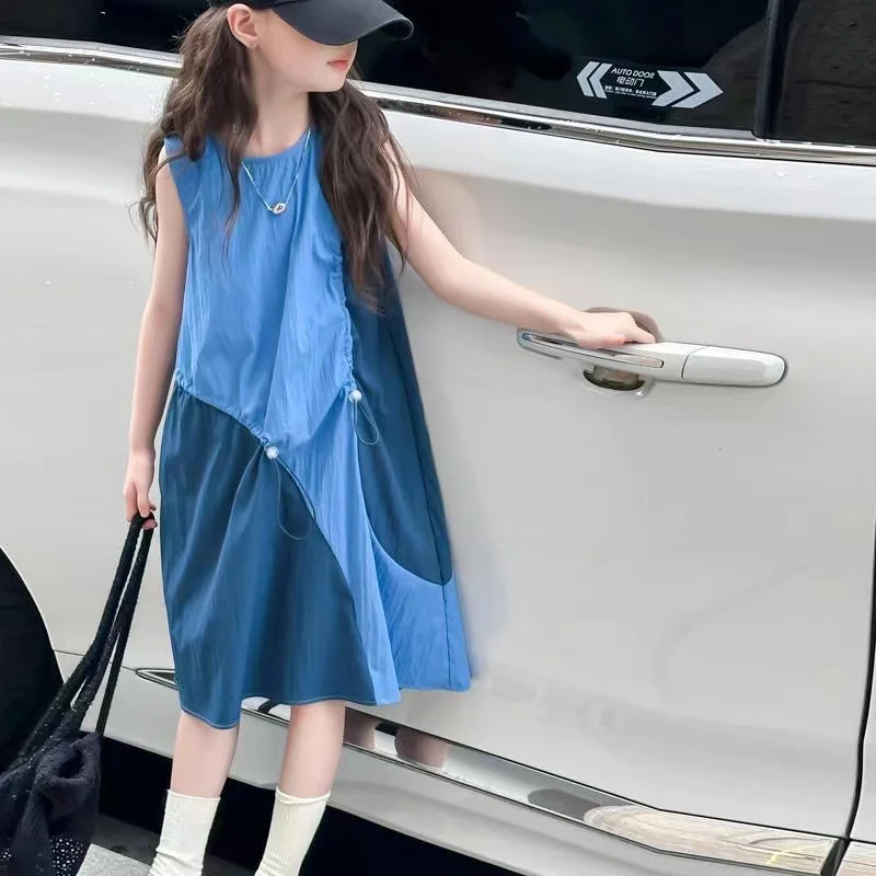 

Girls' Summer Blue Patchwork Dress New Fashion Big Children's Sleeveless Dress With Drawstring 120-170cm