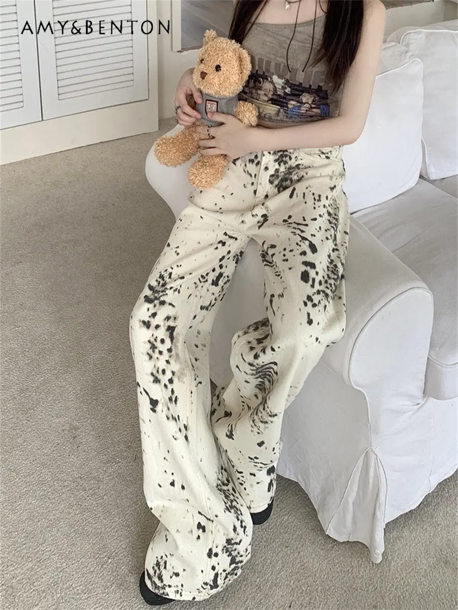 

Весенне-осенние женские джинсы в американском ретро-стиле с белым леопардовым принтом, с высокой талией, свободные, универсальные, повседневные, широкие, в пол