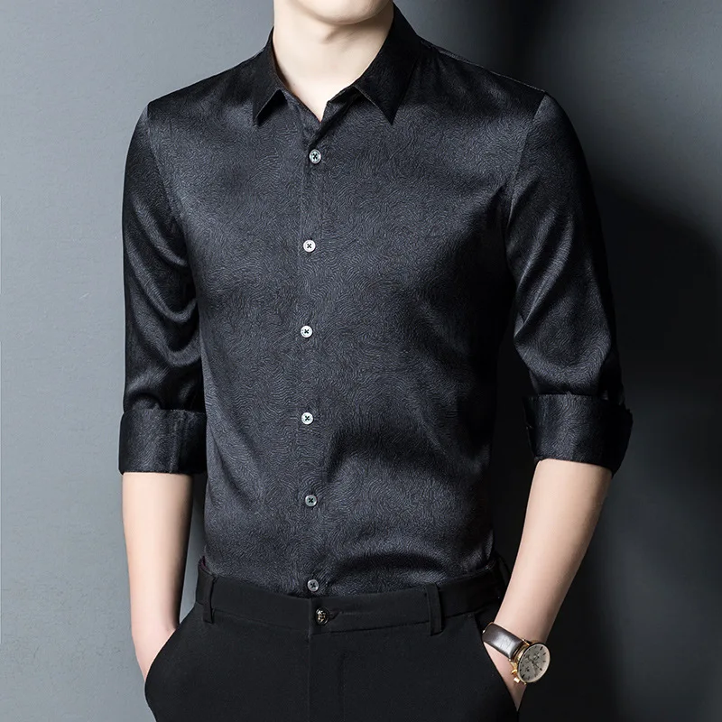 

High Quality Real Silk Men's Long-Sleeved Shirt Youth Business Casual Thin Pure Color All-Matching Top Fashion