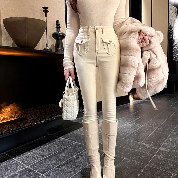Slim Fit Denim Pants Women's High Waist Jeans Pockets Pure Desire Personality Tight Jeans Korean Style Butt Enhancing Pants