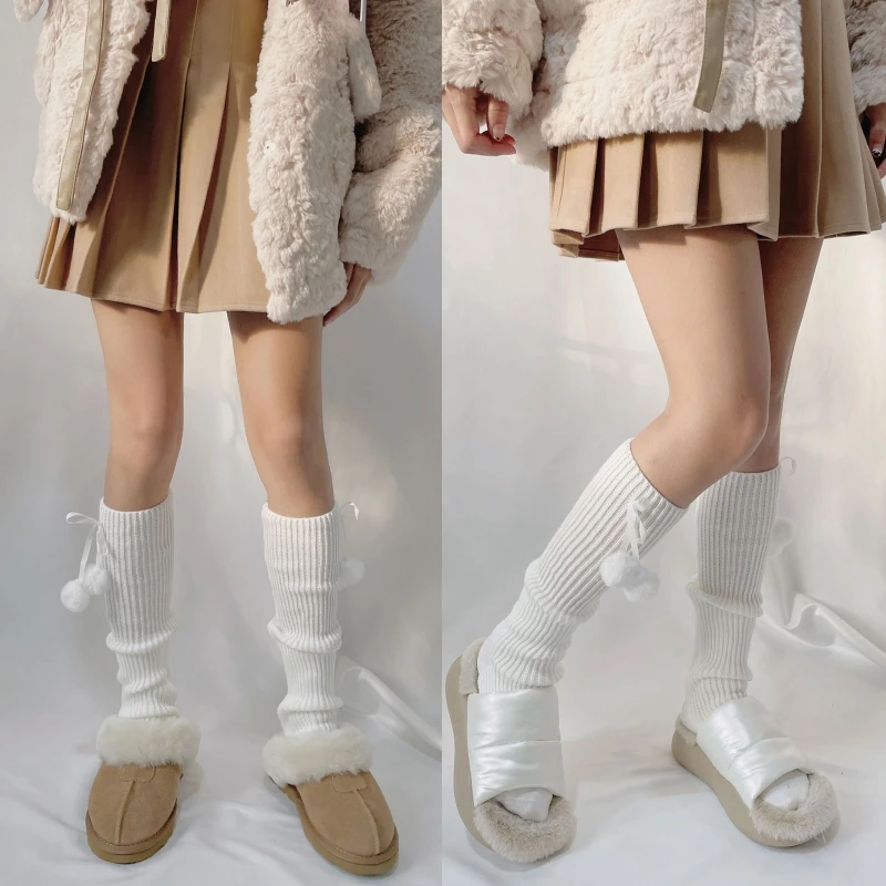 Ribbed Knit Leg Warmers Women Plush Hair Ball Lace-Up Bowknot Foot Cover Solid Color Warm Knee High Socks