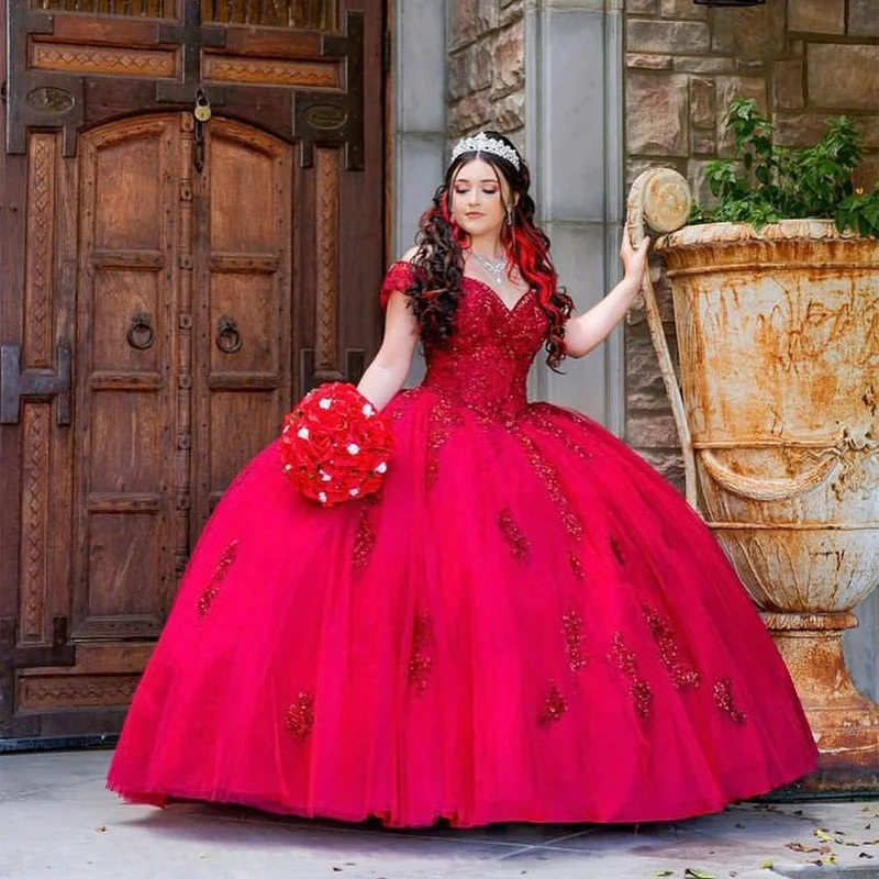 

Lorencia Red Lace Quinceanera Dress Ball Gown Pearls Beaded Glitter Sequined Corset Sweet 16 15 Dress Vestido De 15 Años YQD488