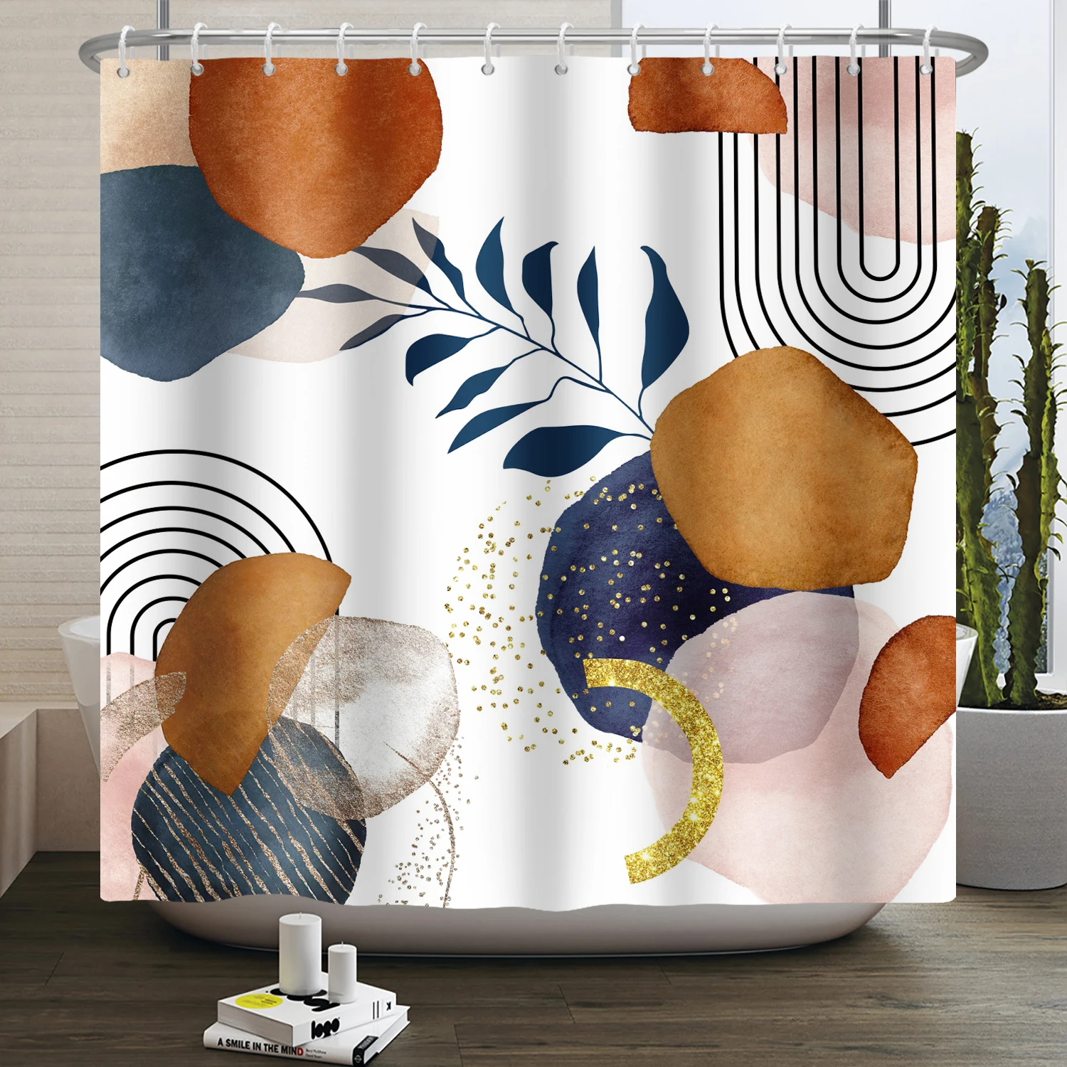 Abstract Boho Shower Curtain Modern Mid Century Minimalist Leaf Plant Arch Sun Bohemia Waterproof Bathroom Bath Curtain Decor