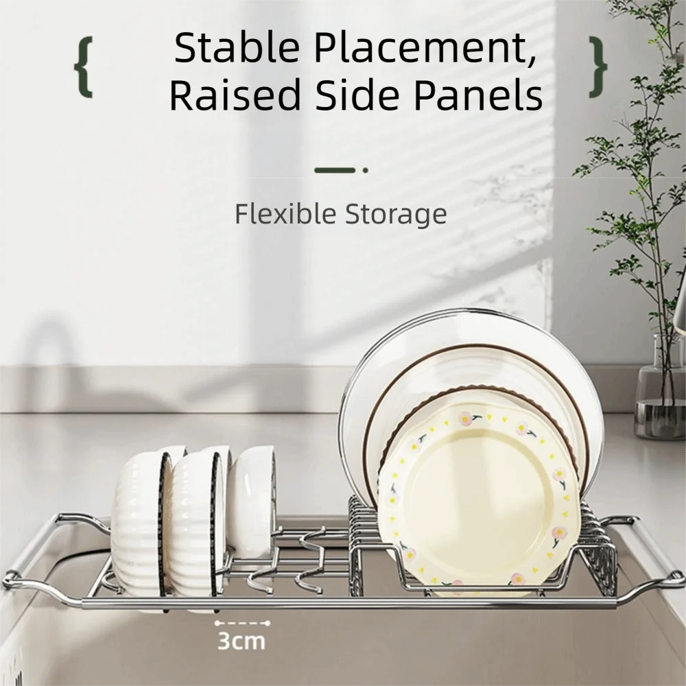 Stainless Steel Expandable Dish Rack Rustproof Adjustable Bowl Drain Shelf Multifunctional Fruit Drainer Kitchen Sink Organizer