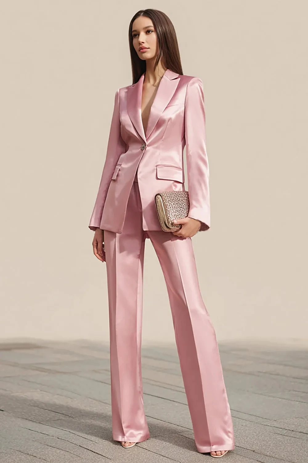

Pink Women's 2 Piece Suit Set Satin Single Button Business Blazer Daily Office Work Outfits Straight Pantsuit Customize