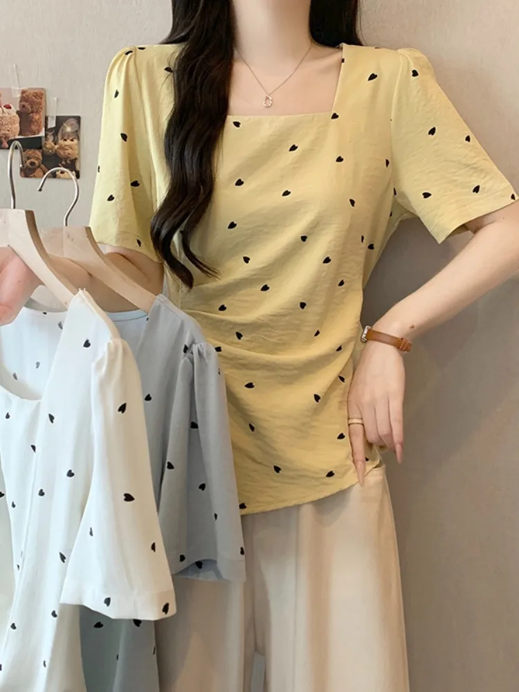 

plus Size Women's T-Shirt Summer Polka Dot Asymmetrical Short Sleeve Square Collar Versatile Ageless Breathable Casual Top