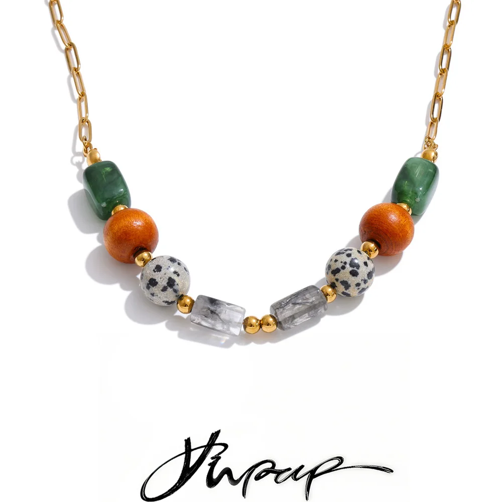 Yhpup New Arrival Handmade Jewelry 2026 Stainless Steel Natural Stone Resin Wood Beads Chain Popular Charm Collar Jewelry Gift