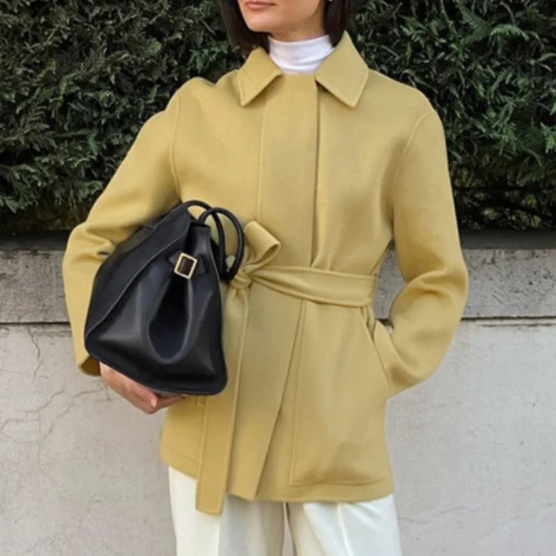 Talenza Women Woolen Coat Autumn Winter Solid Lace Elegant Woolen Thick Coat High Street Luxury Unique Female Parker Outwear