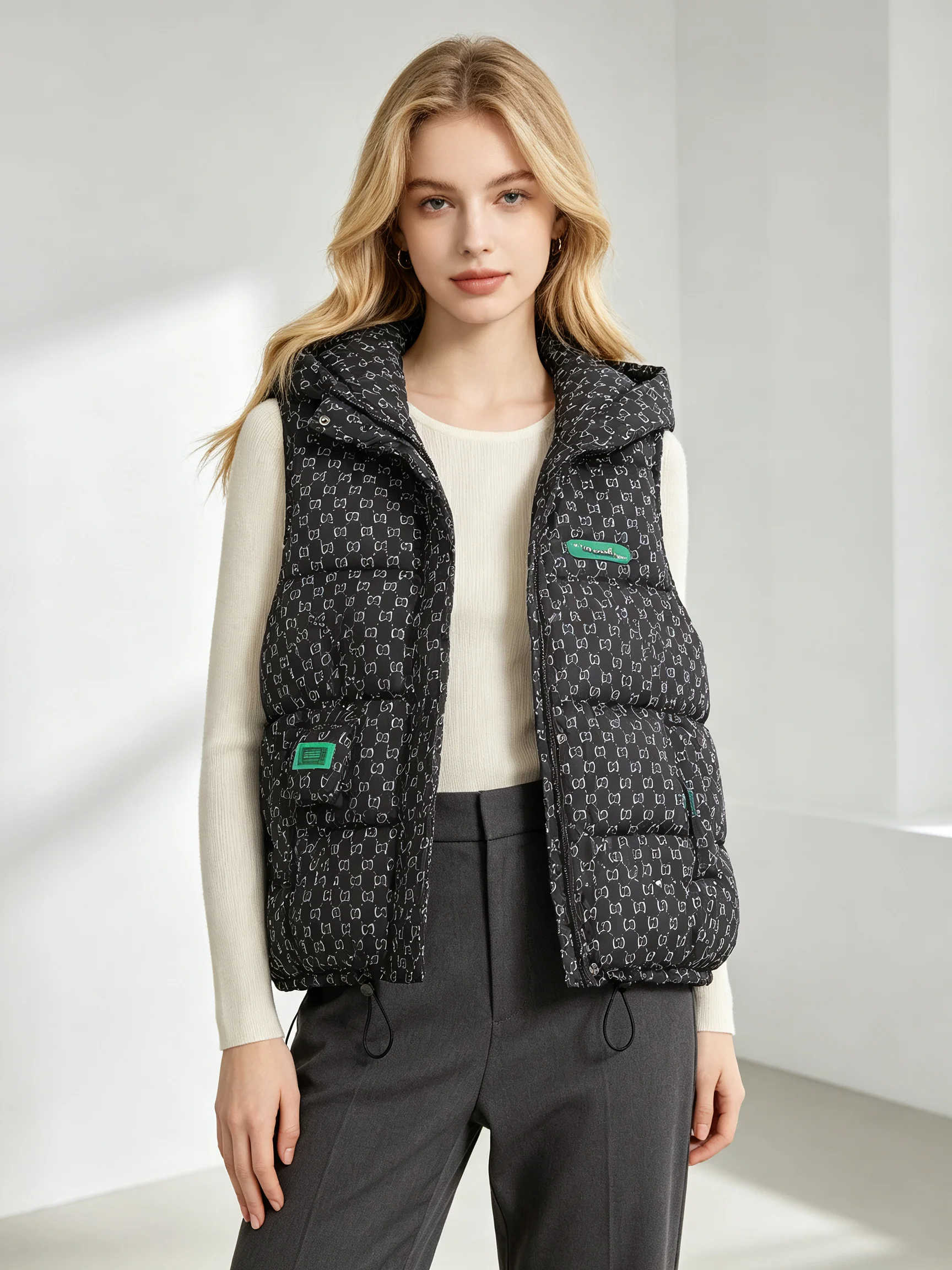 Women Hooded Autumn Winter Vest All Over Print Pattern Sleeveless Cotton Coat Drawstring Hem Warm Loose Casual Gilet Outerwear