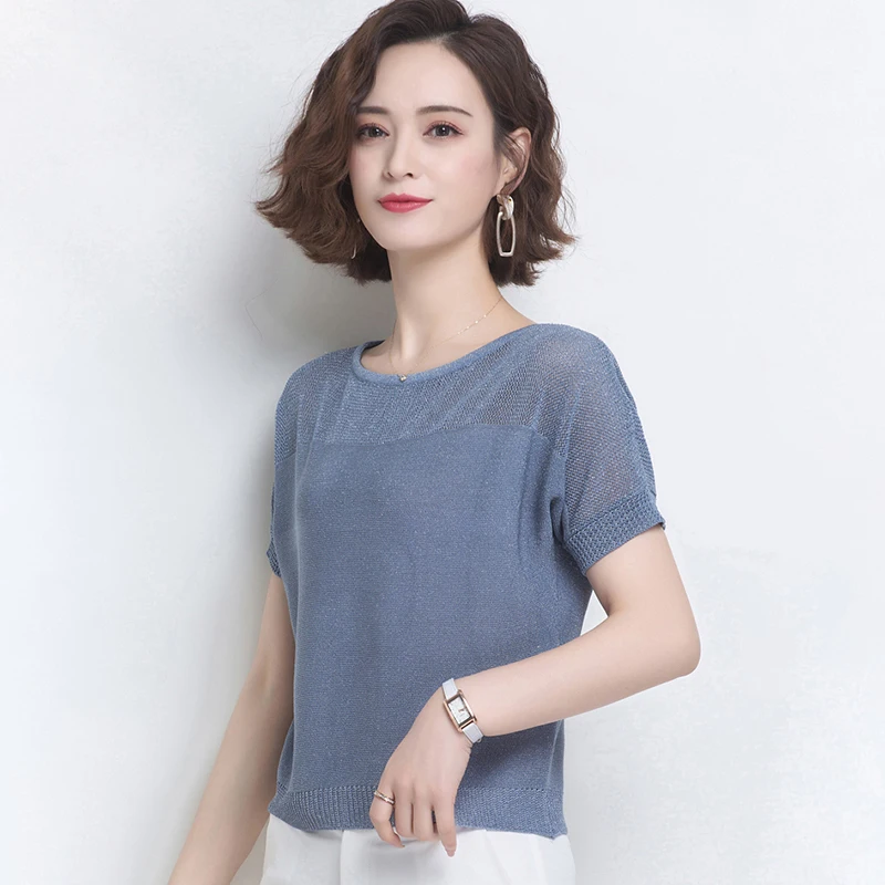 

Summer 2022 Ladies O-neck Tees Bright Silk Knitted Top Women Hollow Out Casual Loose Thin T-shirt Short Sleeve Ice Silk Sweater