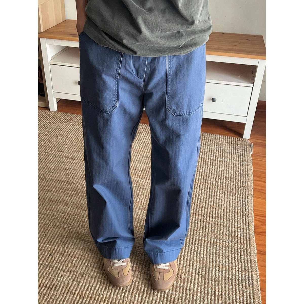 Retro American Vintage Elegant Blue Washed Straight Loose Work Pants Cotton Casual Trousers for Men And Women