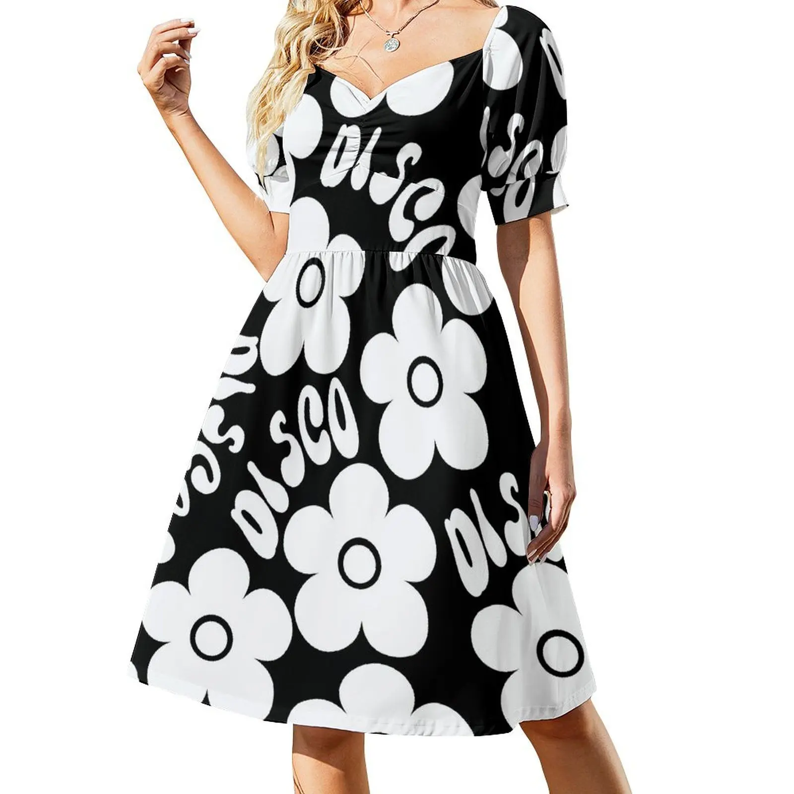 

Black And White Disco 70s Retro Flowers Short Sleeved Dress summer dress woman 2025 dresses for official occasions Dress