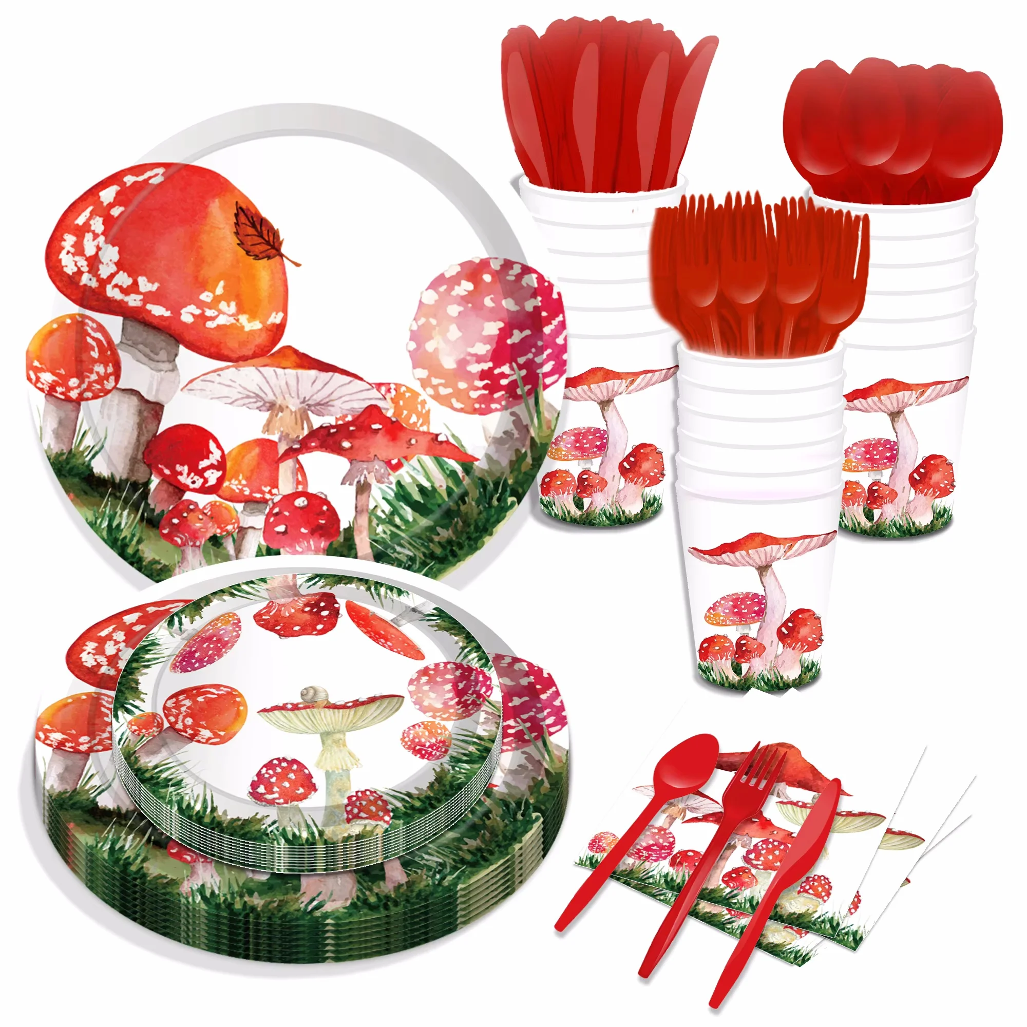 Red Mushroom Party Disposable Tableware Sets Paper Plates Cups Napkins Party Dinnerware Decor